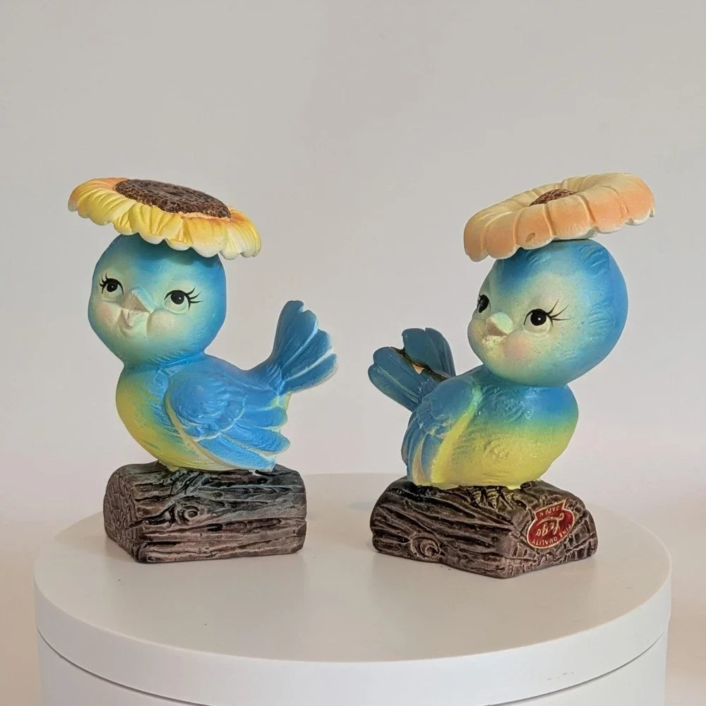 Vintage Lego Blue Bird Yellow Salt & Pepper Shakers‎ Sunflower Logs